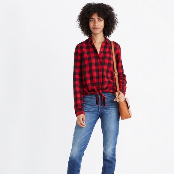 Madewell Tops - Madewell Red and Black Buffalo Plaid Check Tie Front Shirt Womens Sz Medium